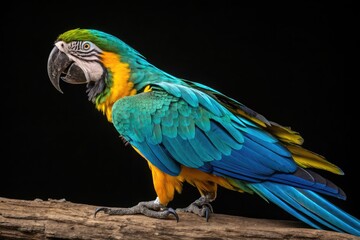 Fototapeta premium Brightly Colored Parrot Perched on Branch With Dark Background in Close View