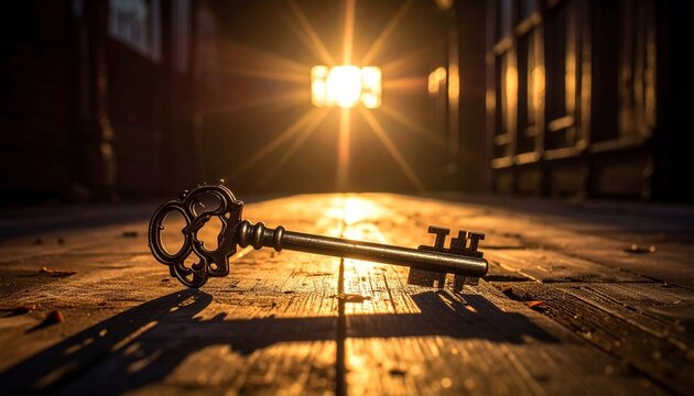 Old key lies on wooden floor with light shining in background at sunset near an entrance
