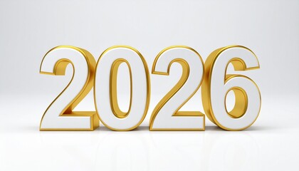 Elegant golden 2026 numerals standing on a clean white surface, glossy metallic finish with soft studio lighting, subtle shadows, luxury celebration concept, minimal composition, modern 3D style.