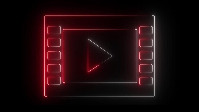Play button icon animation glowing neon white and red color on black background. 4k animation video.