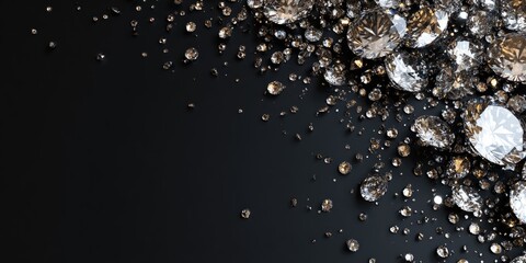 Sparkling gemstones of various sizes scattered diagonally on a dark, reflective surface