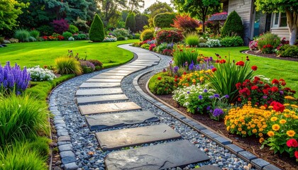 Obraz premium Winding Stone Pathway Through Vibrant Flower Beds and Manicured Lawn in Landscaped Garden