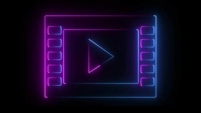 Play button icon animation glowing neon blue and violet color on black background. 4k animation video.
