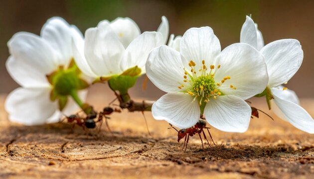 Macro close-up of an ant carrying a white flower on a tree. Suitable for biology education. - Powered by Adobe