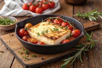 Grilled Cheese With Cherry Tomatoes Served in a Skillet on a Wooden Table