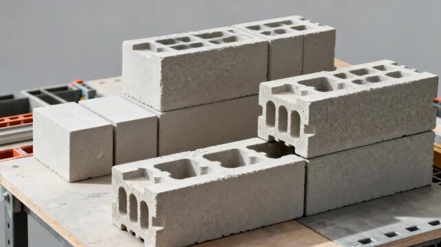Medium shot of a neat arrangement of hollow aerated building blocks on a construction table highlighting their lightweight easytohandle nature and interlocking edges.
