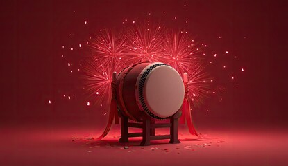 Festive drum with fireworks in a vibrant red setting, representing celebration and joy