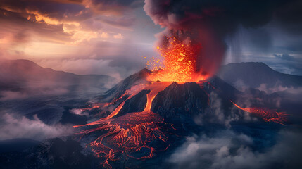 Dramatic volcanic eruption with massive ash column and flowing lava