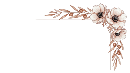 Delicate minimal watercolor corner element featuring anemones and olive branches in terracotta isolated on white background