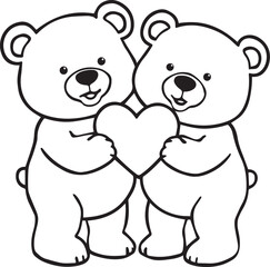 Cute brown vector illustration of two cartoon teddy bear characters holding a sweet heart as a Valentine gift for a baby childhood toy design