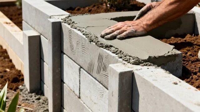Hands smoothing wet concrete on a retaining wall structure highlighting the craftsmanship involved in building a durable soil support system for landscaping.