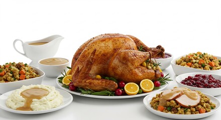 黄金色にこんがり焼き上がったジューシーな七面鳥の丸焼きが主役 マッシュポテトやスタッフィングなど彩り豊かな豪華な副菜が並ぶ 温かい家族や友人と囲むホリデーディナーを明るく演出. AI Generated