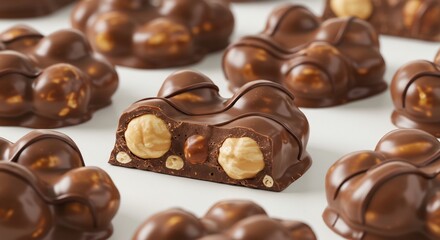 まばゆい光を浴びた口どけの良いヘーゼルナッツチョコレート 複数並び美味しそうに輝く. AI Generated
