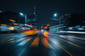 Long exposure shot of a city street at night with streaks of lights and movement