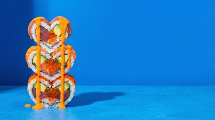 Stack of heart shaped sushi rolls with spicy mayo drizzled on blue background