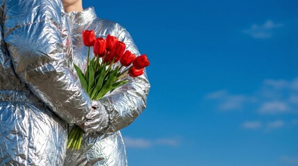 Two people in shiny silver suits holding red tulips against blue sky