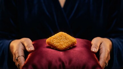 Woman hands holding red velvet pillow with diamond shaped fried chicken nugget