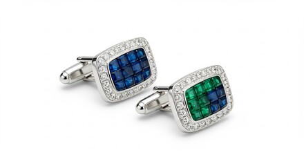 純粋な白背景に光が降り注ぎ美しく輝くペアのカフスボタン きらめくダイヤモンドと鮮やかな青と緑の宝石が贅沢に並びエレガントな装飾を施された高級なアクセサリー. AI Generated