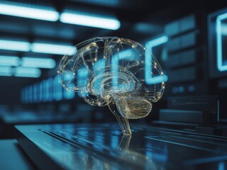 A futuristic digital brain model glows with blue light in a high-tech laboratory setting with computer servers in the background.