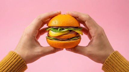 Hands holding creative burger made of orange fruit and leaves on pink background