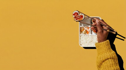 Hand in yellow sweater holding heart shaped sushi with chopsticks over bento box