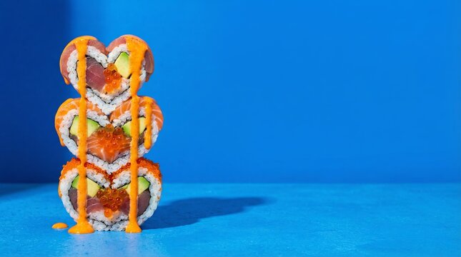 Stack of heart shaped sushi rolls with spicy mayo drizzled on blue background