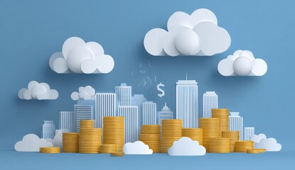 3D-rendered cityscape with stacked gold coins, puffy white clouds, and dollar signs