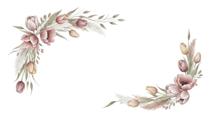 Delicate watercolor botanical corner element with tulips and pampas grass in soft earth tones isolated on white background