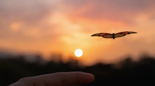 Butterfly Resting on Finger Tip Against Golden Sunset Sky. Butterfly resting finger tip hand touch freedom inspiration nature concept hope serenity golden sunset sunrise silhouette sky background