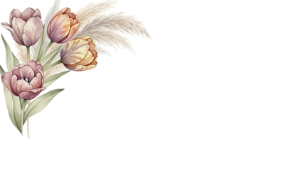Delicate watercolor botanical corner element with tulips and pampas grass in soft earth tones isolated on white background
