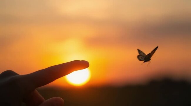 Butterfly Resting on Finger Tip Against Golden Sunset Sky. Butterfly resting finger tip hand touch freedom inspiration nature concept hope serenity golden sunset sunrise silhouette sky background