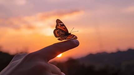 Butterfly Resting on Finger Tip Against Golden Sunset Sky. Butterfly resting finger tip hand touch freedom inspiration nature concept hope serenity golden sunset sunrise silhouette sky background