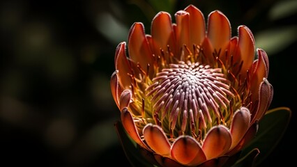 Bunga protea oranye mekar dengan pusat detail unik, tampil dramatis di latar gelap alami.

