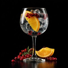 Cocktail glass filled with clear liquid, ice, fruit, berries, and a vibrant orange slice