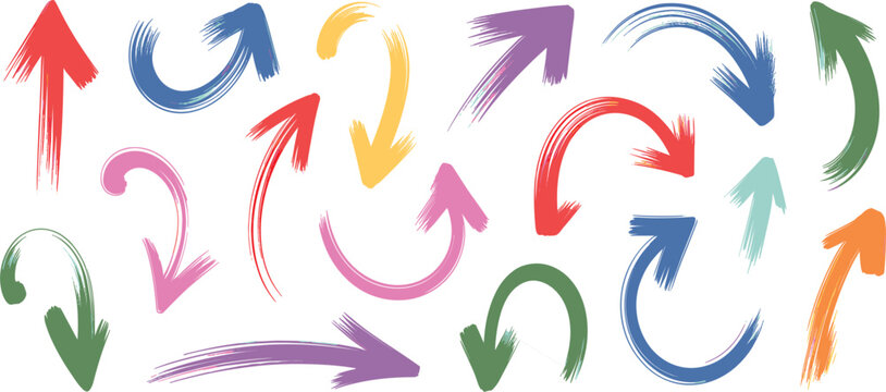 Colorful hand drawn brushstroke arrow vector set, textured paint stroke pointers for creative business presentation design