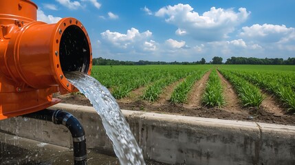 Water flows from orange industrial pump through black pipe into irrigation ditch. Stream irrigates vibrant green farm field with young crops in rows. Shows modern agriculture water supply management