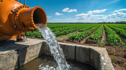 Water flows from orange industrial pump through black pipe into irrigation ditch. Stream irrigates vibrant green farm field with young crops in rows. Shows modern agriculture water supply management