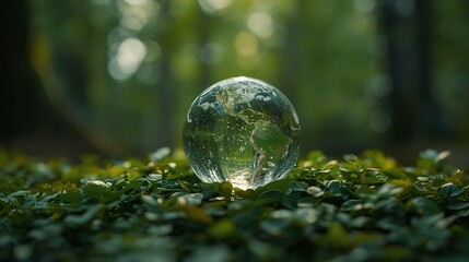 Crystal globe glass on green in forest for sustainability environmental, clean energy, and eco-friendly. Green business. carbon reduction to net zero. Earth Day, and ESG concept