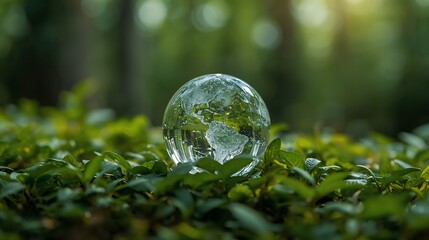 Crystal globe glass on green in forest for sustainability environmental, clean energy, and eco-friendly. Green business. carbon reduction to net zero. Earth Day, and ESG concept