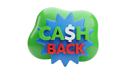 3D "Cash Back" text with green and blue starburst