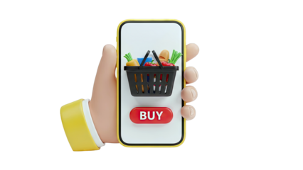 3D Hand Holding Smartphone with Shopping Cart and Buy Button