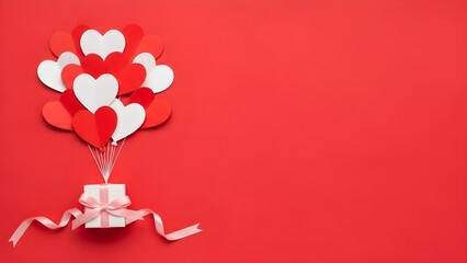 A cluster of red and white paper heart balloons lifting a small gift box against a vibrant red background.