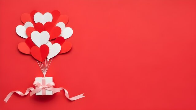 A cluster of red and white paper heart balloons lifting a small gift box against a vibrant red background. - Powered by Adobe