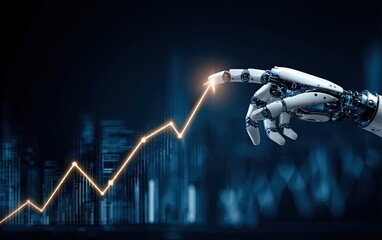 Futuristic image of a robotic hand pointing upwards along a glowing financial growth chart