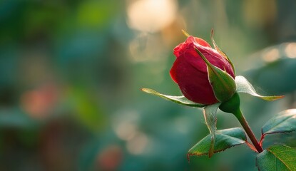 Close-up of a crimson rose bud with lush green foliage blurred in the background