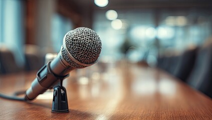 A microphone sits on a polished wooden table in a conference room