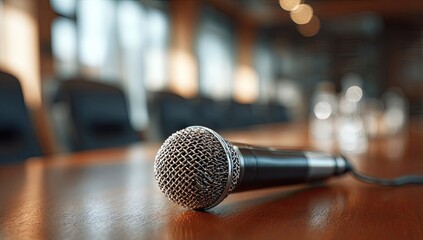 A microphone lies on a polished wooden table in a conference room setting