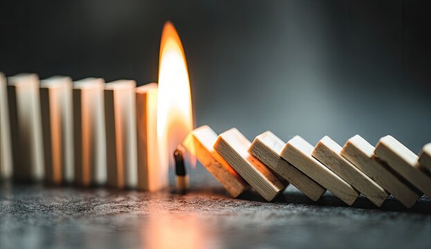 A burning match ignites a line of falling dominoes on a dark surface