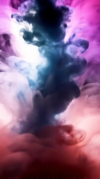 Mesmerizing, high-tech ecu video of vibrant, ethereal smoke and translucent fog, swirling through electric pink, orange, blue, and cyan hues with an upward pan. Concept of continuous transformation