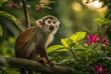 Obraz premium Monkey Sits on Branch Among Green Leaves and Pink Flowers in Forest